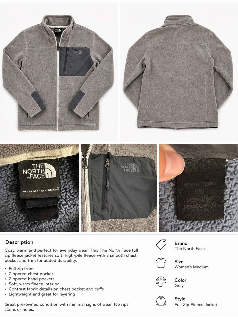 The North Face Gray Full-Zip Sherpa Fleece Jacket with Chest Pocket